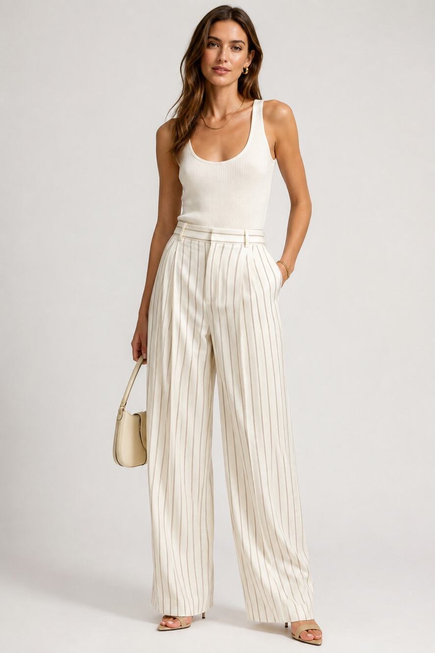Theory Pleat Trouser Pajama Stripe Ivory Brown Size 4